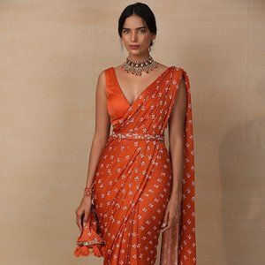 Rust Printed Pre-Draped Saree Set
